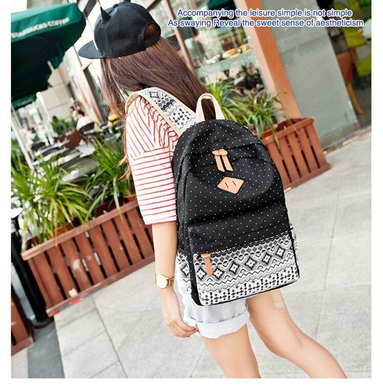 Canvas Printing Backpack School Bag Cute Black Polyester Purse Gray/Black/Purple