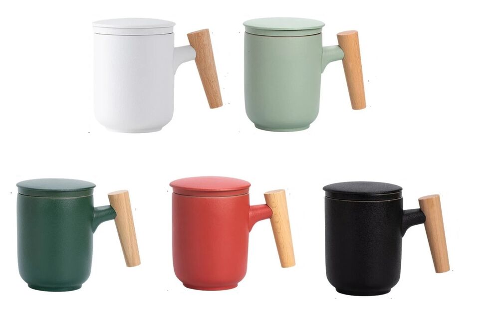 Mug 350ml Ceramic Wood Teacups W/ Lid & Filter Tea Separation Large Capacity Cup