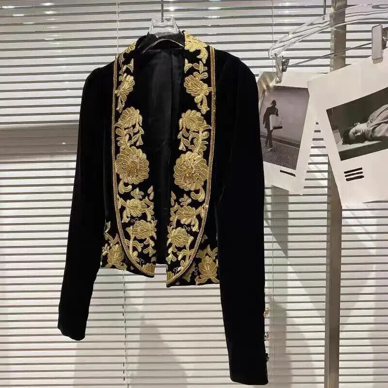 2024 Spring Autumn New women Blazer Embroidered Flower Velvet Suit Short Coat