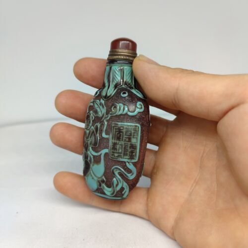 vintage carved glass snuff bottle snuffbox rare glaze Figure-story antique child