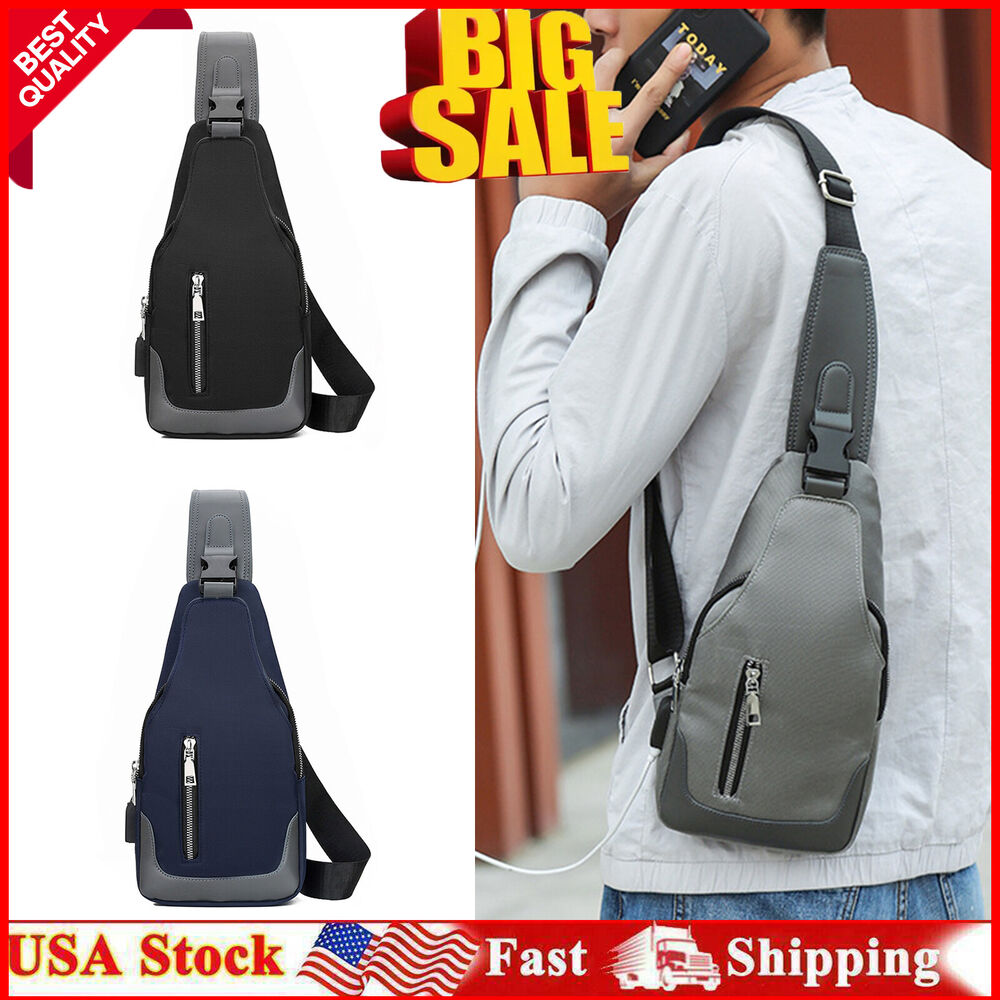 Men Durable Sling Bag USB Charging Port Chest Bags Outdoor Oxford Multipurpose