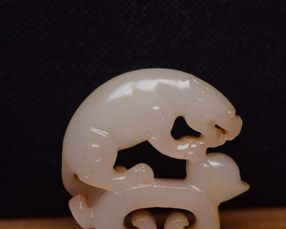 Old Peking Chinese Hetian Jade Carved Auspicious Beast Statue Fine Figurines Art
