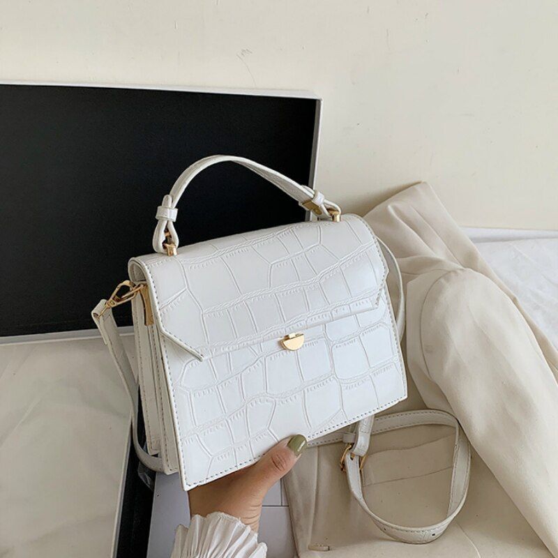 Stone Patent White Crossbody Bags Small Handbag Synthetic Leather Bag 17*21*8 CM