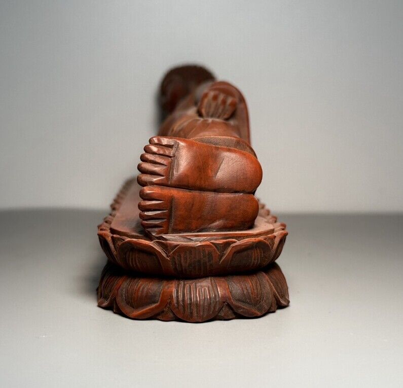 Vintage Wooden Carving Reclining Buddha Statue Ornaments Woodwork Sculptures Art
