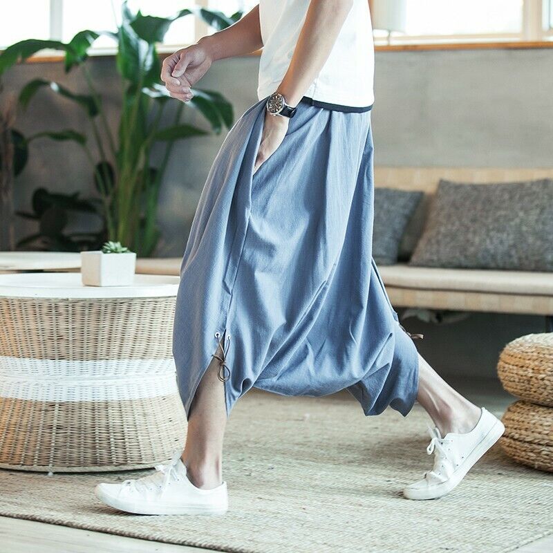 Summer Men's Loose Fit Baggy Pants Loose Fit Chinese Style Cropped Trousers L