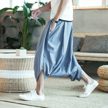 Summer Men's Loose Fit Baggy Pants Loose Fit Chinese Style Cropped Trousers L