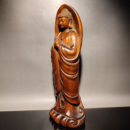 8"antique wood carving Boxwood wooden sculpture artwork buddha statue Shakyamuni