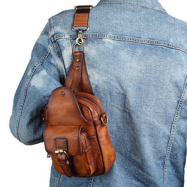 Men's Sling Backpack, 100% Cowhide Leather Vintage Chest Bag Crossbody Daypack
