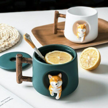 Ceramic Shiba Inu Mug with Lid Spoon Cute Dog Coffee Cup 420ml