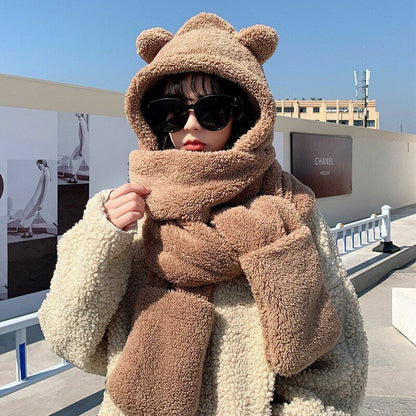 Women Fluffy Scarf Hat Gloves Set Warm 3In1 Hooded Cartoon Bear Cute Ears Winter