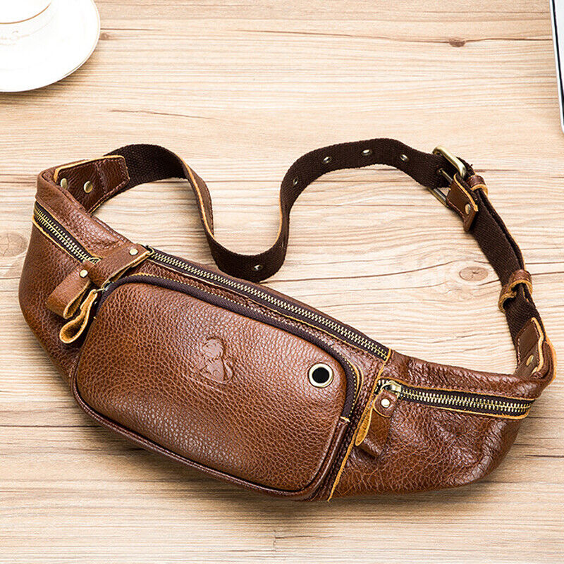 Men's Outdoor Genuine Leather Retro Waist Fanny Pack Crossbody Sling ShoulderBag