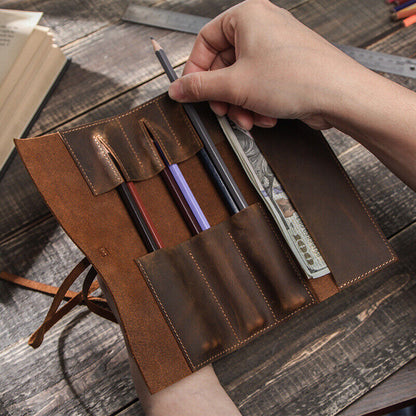 Handmade Cowhide Leather Pen Pouch Vintage Roll-up Pencil Case Bag Pen Curtain