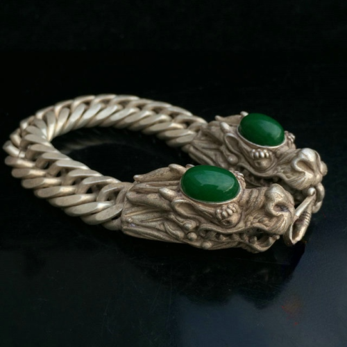Collectible Chinese Green Jade Tibet Silver Handwork Auspicious Dragon Bracelet