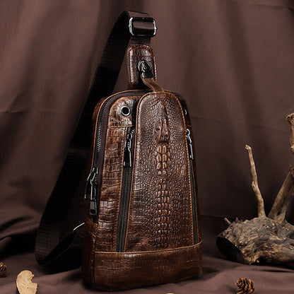 Top Cow Leather Sling Backpack,Crocodile Pattern Chest Crossbody Bag Daypack