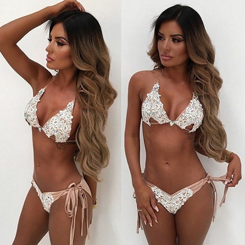 Women Lace Bikini Set Diamond Swimsuit Crystal Bandage Halter Brazilian Swimwear