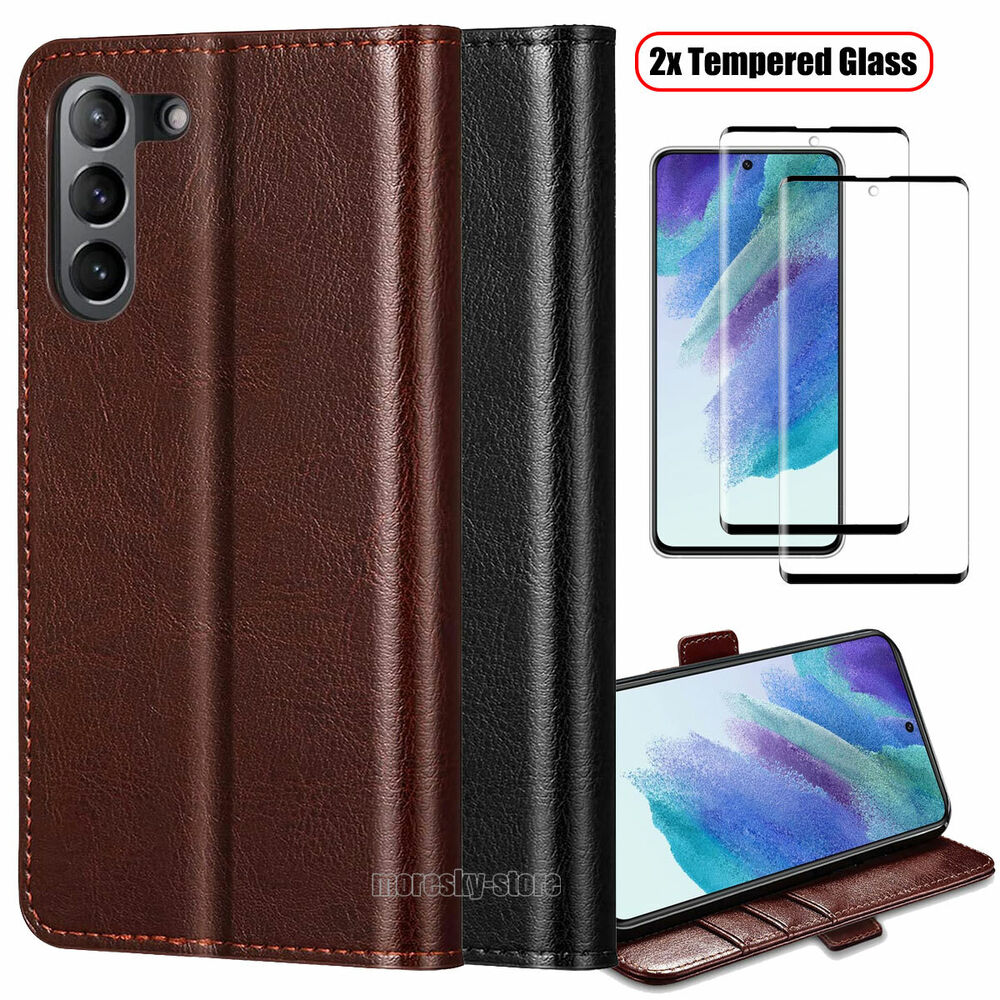 For Samsung Galaxy S21 FE 5G Case, 360 Shockproof Leather Cover + Tempered Glass