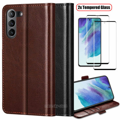 For Samsung Galaxy S21 FE 5G Case, 360 Shockproof Leather Cover + Tempered Glass