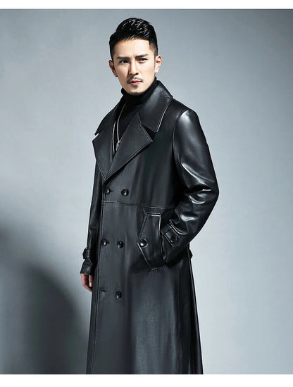 Spring Autumn Pu Leather Trench Coat Men Double Breasted Outerwear