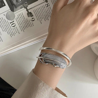 Vintage Handmade 925 Sterling Silver Creative Elegant Feather Bracelet Bangle