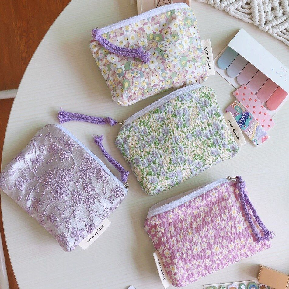 Cotton Floral Organizer Bag Small Fabric Cosmetic Make Up Purse Coin Pouch Case