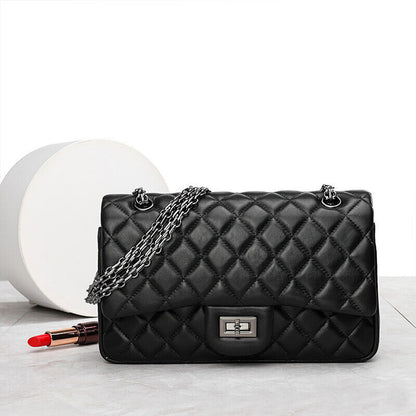 Quilted Sheepskin Leather Double Flap Small Shoulder Bag w/ Chains Handbag Purse