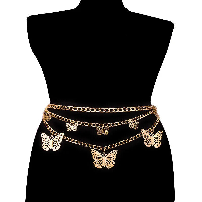 Women Belt Metal Shiny Silver Gold Butterfly Fashion Hollow Chain Thin Waistband