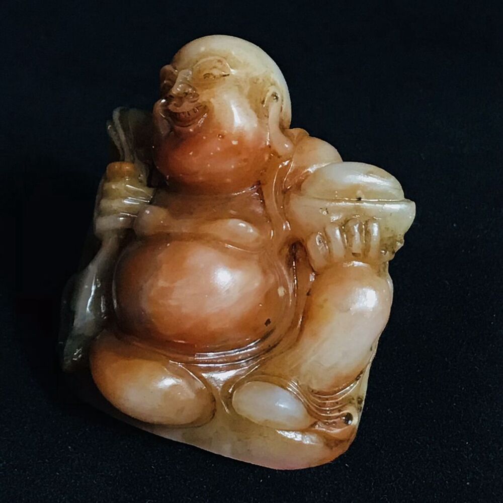 Antique Chinese Shoushan Stone Carved Laughing Buddha Statue Seal Carving Seals