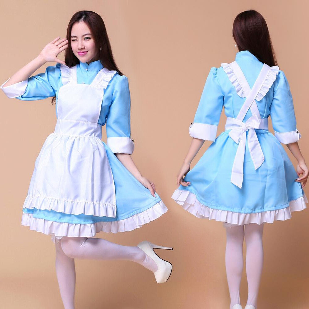 Alice in Wonderland Costume Waitress Uniform Maid Blue Dress Halloween Cosplay