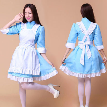 Alice in Wonderland Costume Waitress Uniform Maid Blue Dress Halloween Cosplay