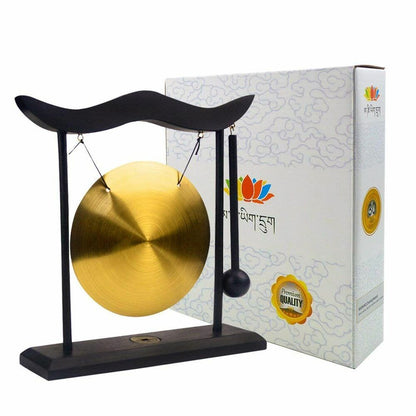 Feng Shui Brass Gongs Desktop Zen Art Fortune Decor Wooden Stands 8x7.5x2 Inch