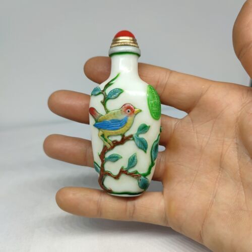chinese carved tree bird statue peking glass snuff bottle painted Carving glaze