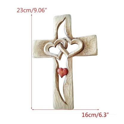 Carved Wood Cross Intertwined Hearts Christian Crucifix Religious Decors 16x23cm
