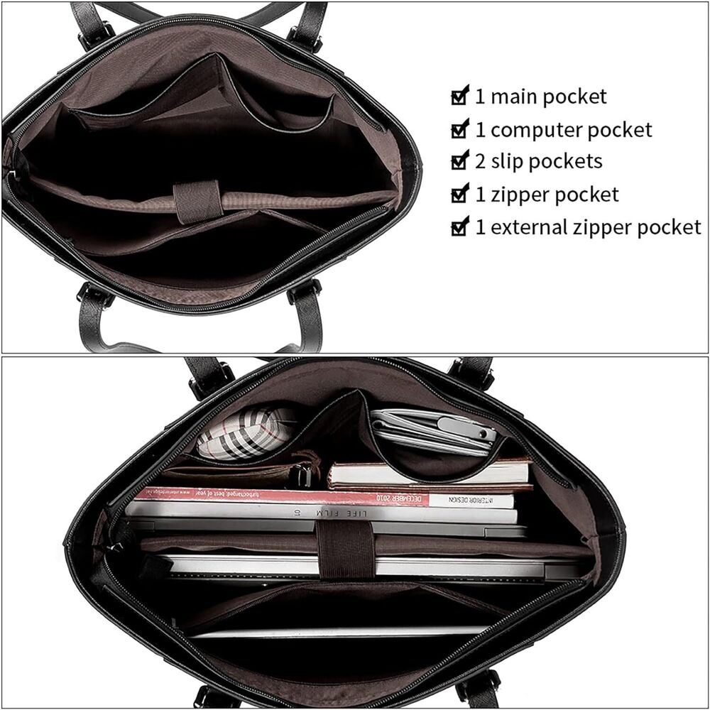 BROMEN Women Briefcase 15.6 inch Laptop Tote Bag Vintage Leather 4-black