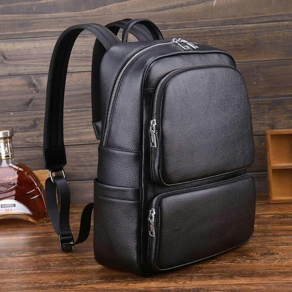 Top Cow Leather Black Men's bag, Soft Leather Large Capacity Backpack Travel Bag