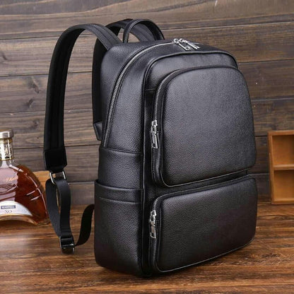 Top Cow Leather Black Men's bag, Soft Leather Large Capacity Backpack Travel Bag