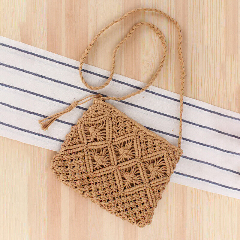 Boho Woven Handbag Women Summer Beach Cotton Tassel Bag Rattan Shoulder Ladies