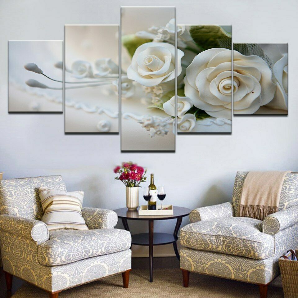 White Roses Flowers 5 Piece canvas Wall Art Print Poster Home Decor