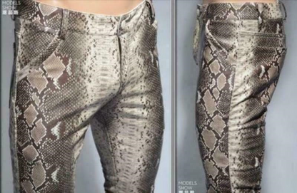 New mens slim fit pencial faux leather snakeskin Pattern prints pants trousers @