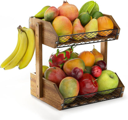 Fruit Basket for Kitchen with Banana Hanger Wooden Counter Storage Decor 2 Tier