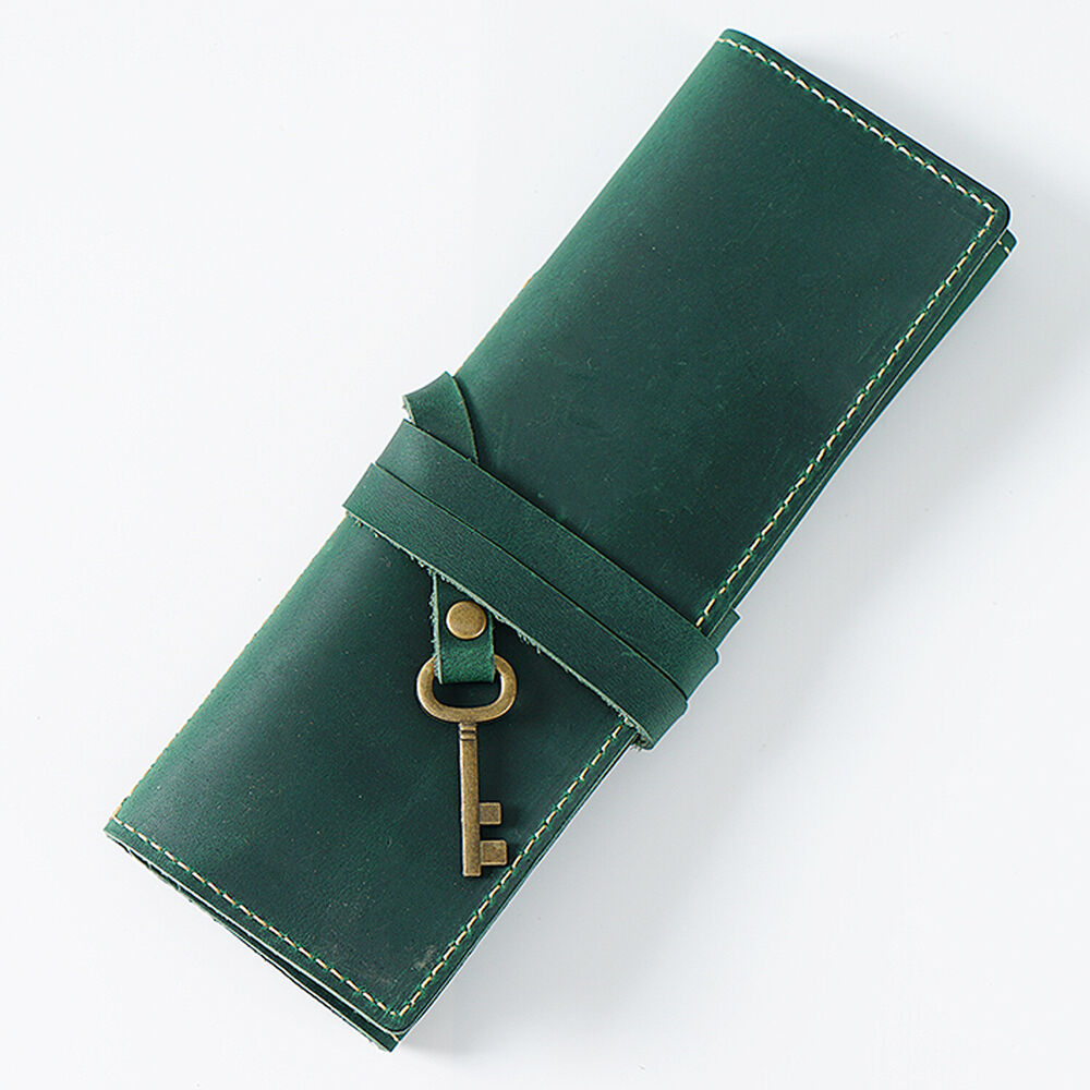 Handmade Cowhide Leather Pen Pouch Roll-up Pencil Case Bag Stationery Storage