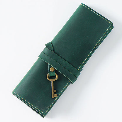 Handmade Cowhide Leather Pen Pouch Roll-up Pencil Case Bag Stationery Storage