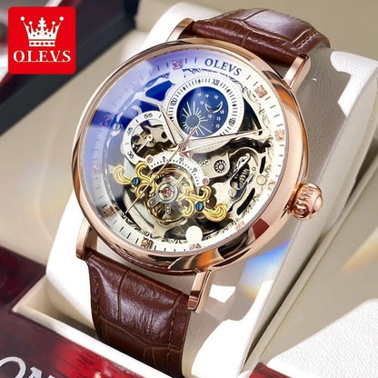 Mens Gold Dual Time Skeleton Automatic Mechanical Watch Black Orange Leather