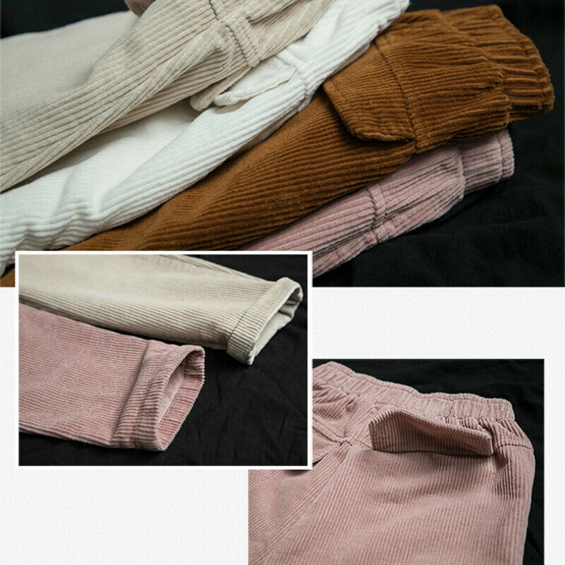 Women Elastic Waist Corduroy Pants Winter Warm Fleece Loose Cargo Baggy Trousers