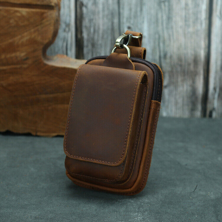 Crazy Horse Leather Men's Design Small Waist Bag Fashion Hook Fanny Belt Pack