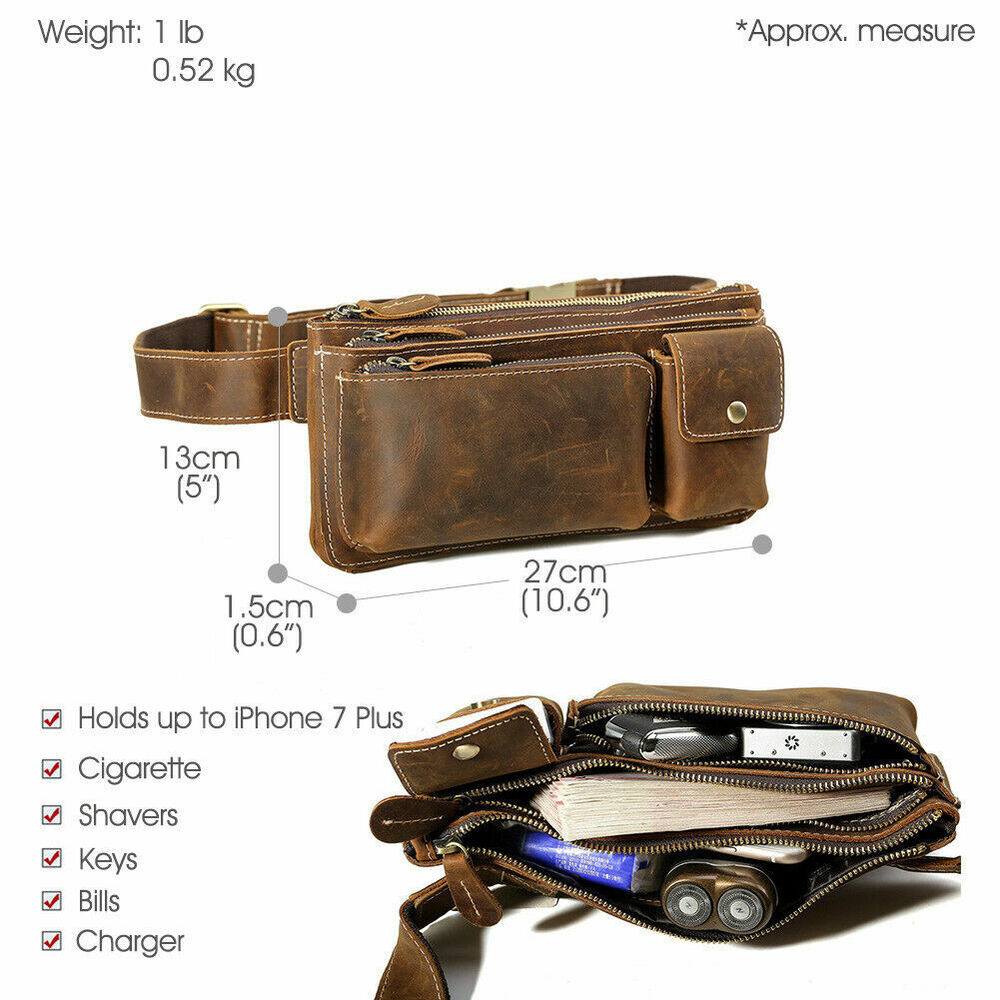 Men Real Leather Bum Waist Belt Bag Fanny Pack Sports Travel Running Pouch