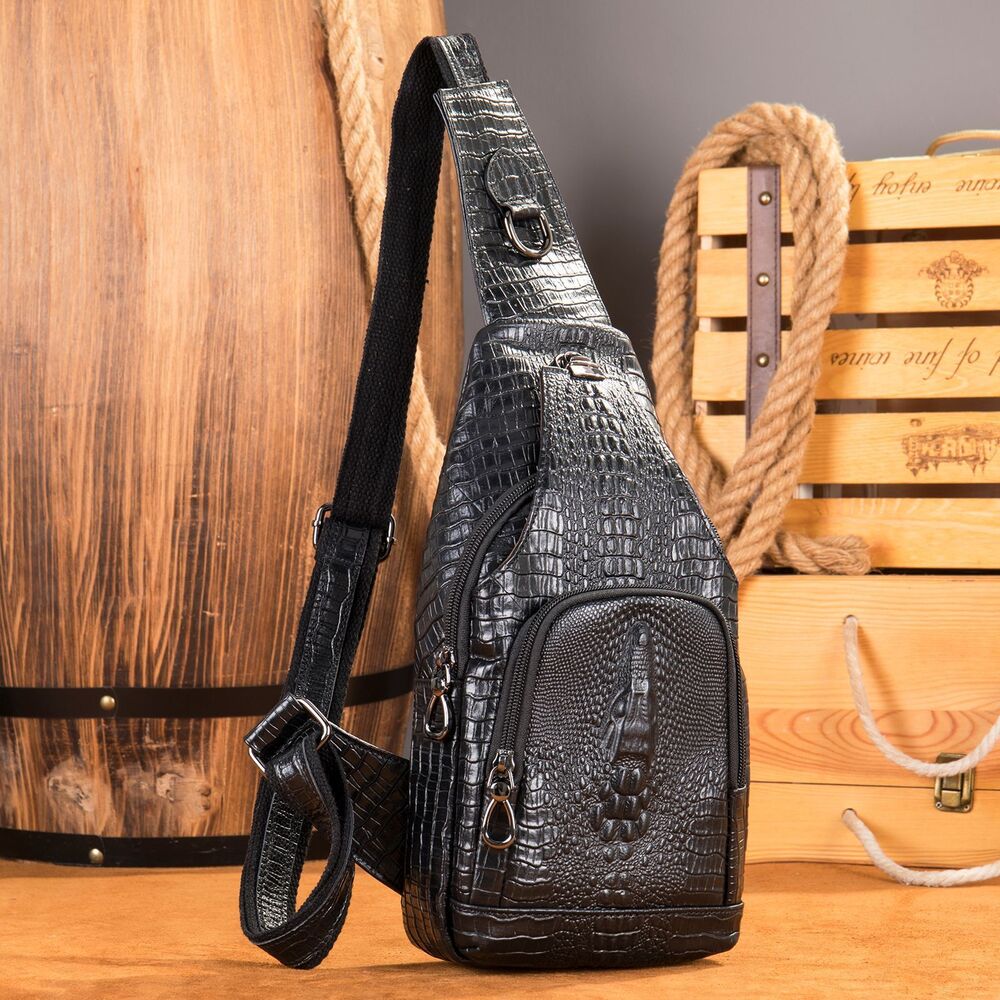 Top Cow Leather Sling Backpack,Crocodile Pattern Chest Crossbody Bag Daypack