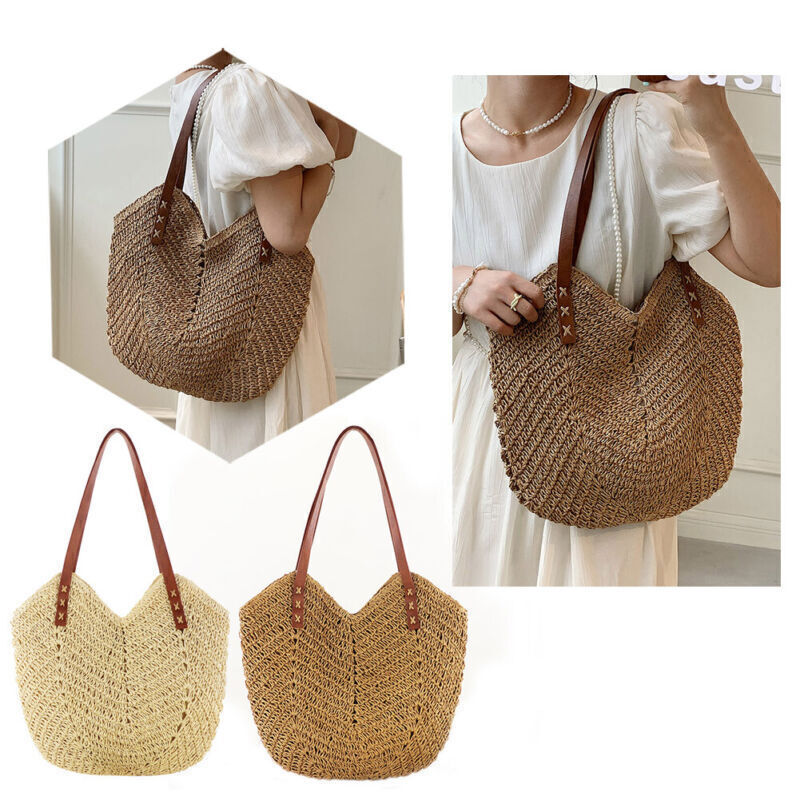 Women Boho Woven Handbag Summer Beach Tote Straw Bag Hollow Rattan Shoulder Bags