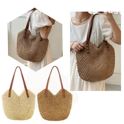 Women Boho Woven Handbag Summer Beach Tote Straw Bag Hollow Rattan Shoulder Bags
