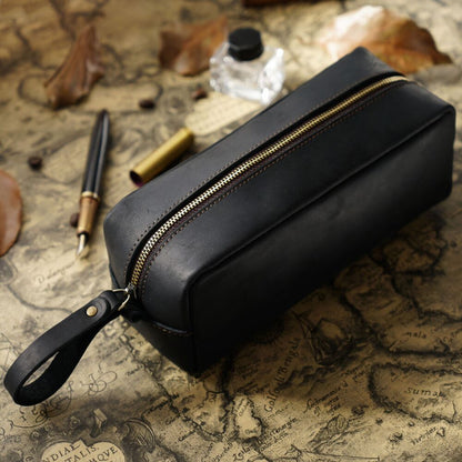 Handmade Cowhide Leather Pen Pouch Zipper Pencil Case Stationery Storage Pen Bag