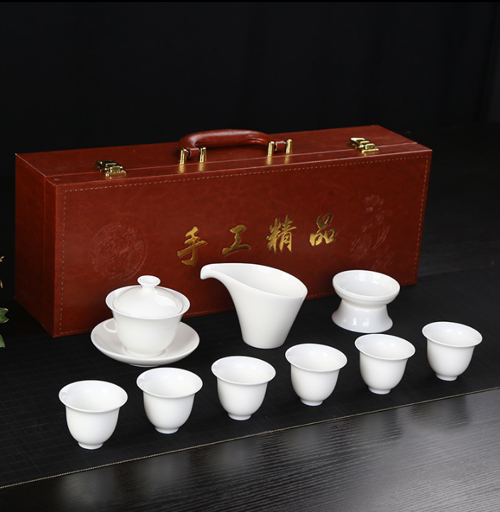 Hand covered bowl tea cup pure white fat jade porcelain gift box set
